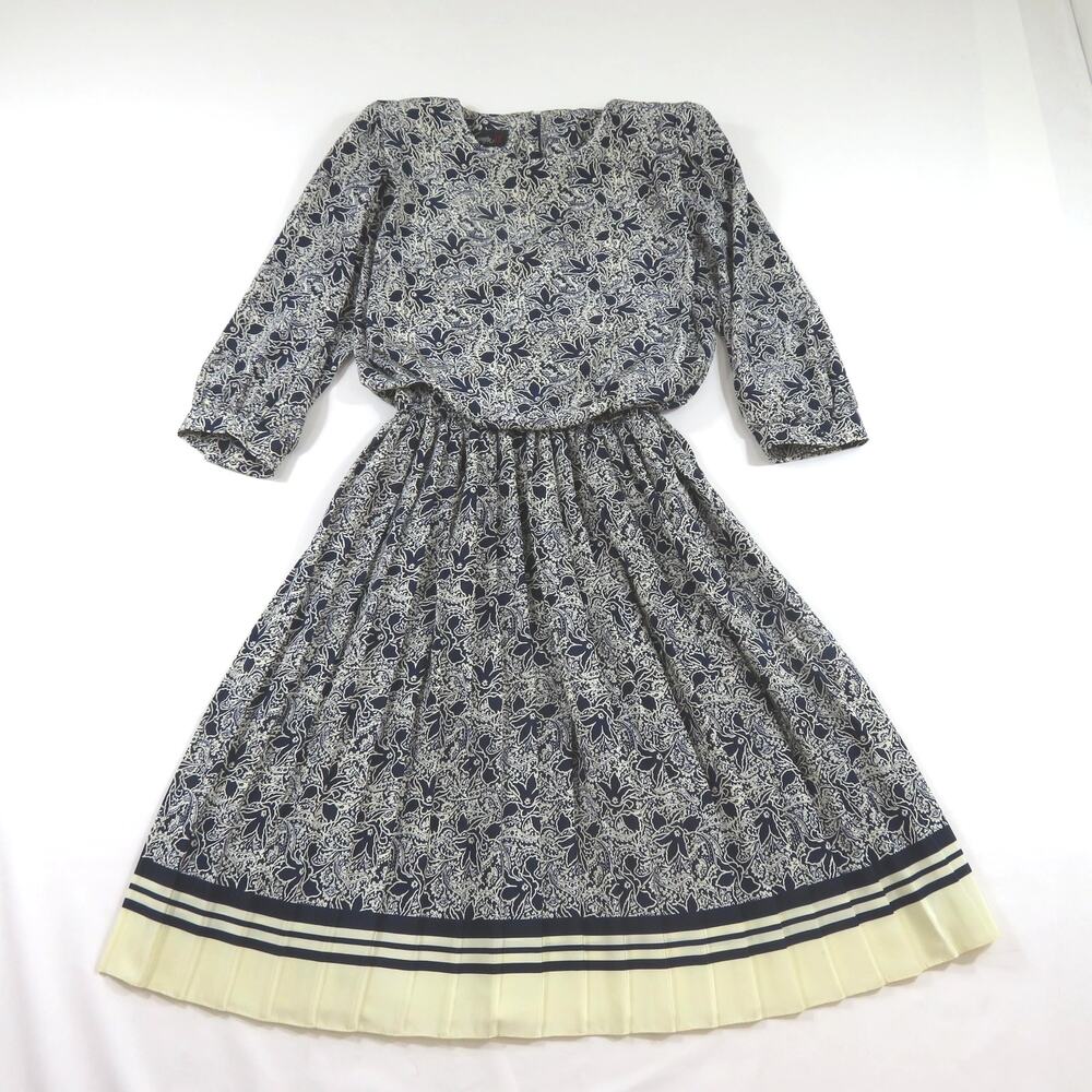 Damon II Dress, Navy Blue White Floral, Union Made in USA, Sz 14 1970s
